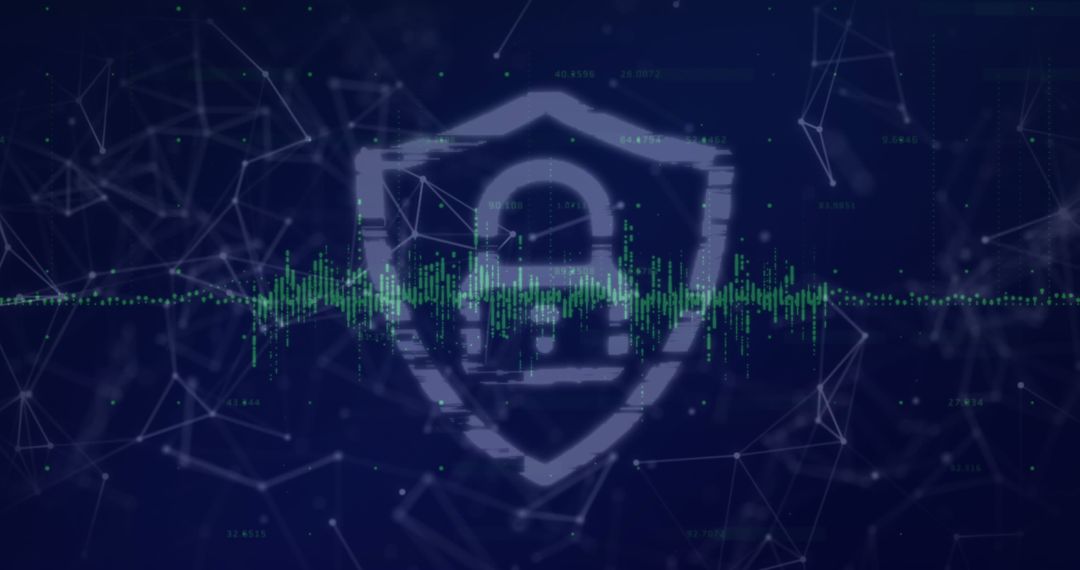 Digital Security Shield with Lock and Network Waveform for Cybersecurity