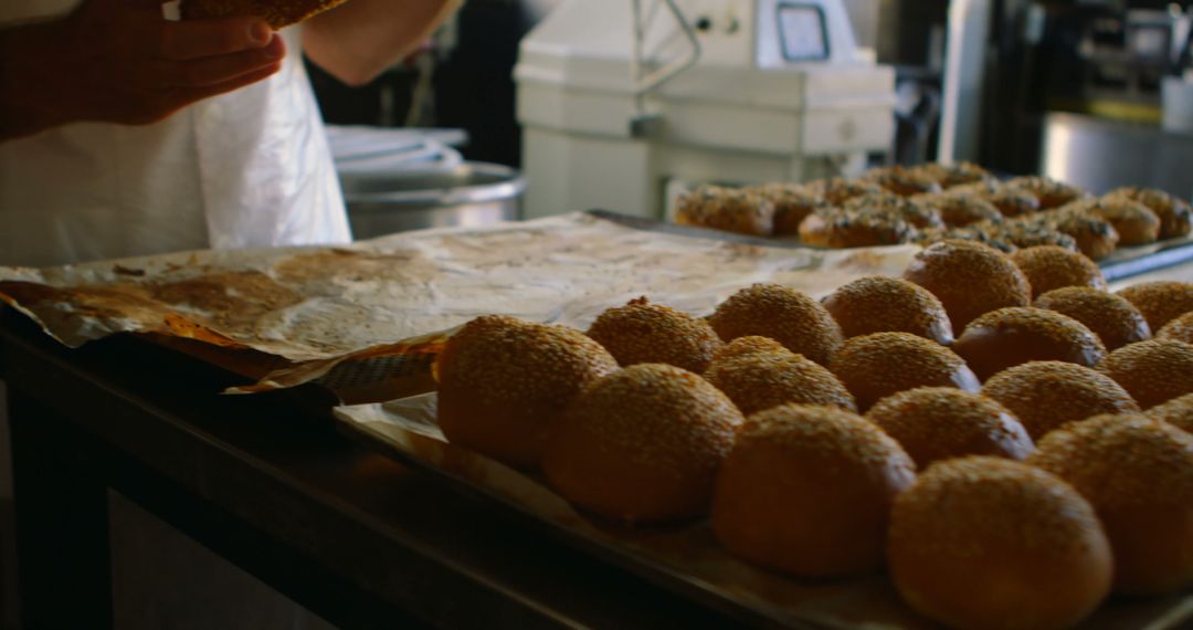 Baker Preparing Fresh Sesame Seed Buns in Bakery Kitchen - Free Images, Stock Photos and Pictures on Pikwizard.com