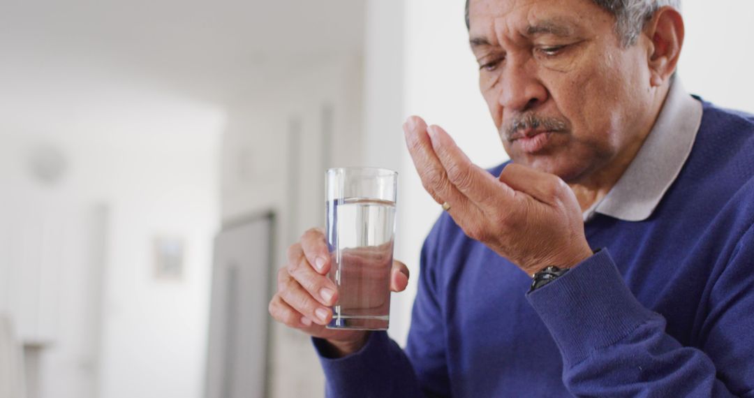 Image of senior biracial man taking pills and drinking water at home - Free Images, Stock Photos and Pictures on Pikwizard.com
