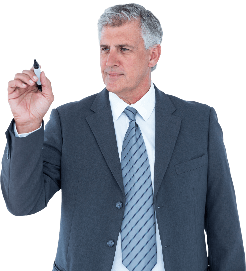 Mature Businessman Writing with Transparent Marker in Suit