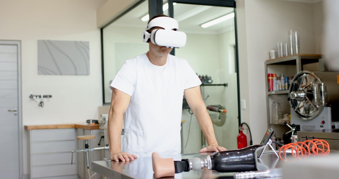 Engineer Testing Prosthetic with VR Headset in Modern Laboratory