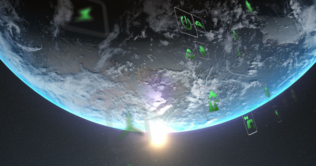 Digital Eco Icons Projected onto Sunrise Earth from Space