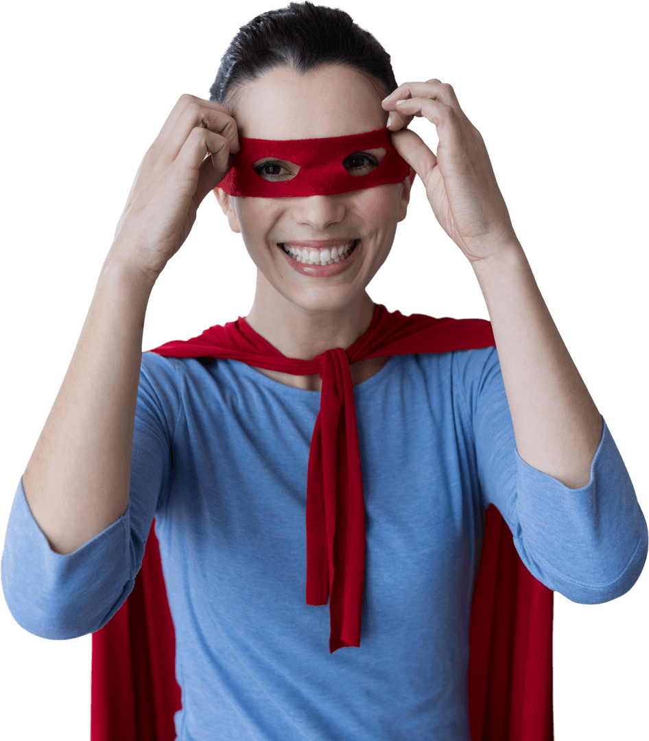 Joyful Woman Pretending to Be Superhero with Transparent Mask