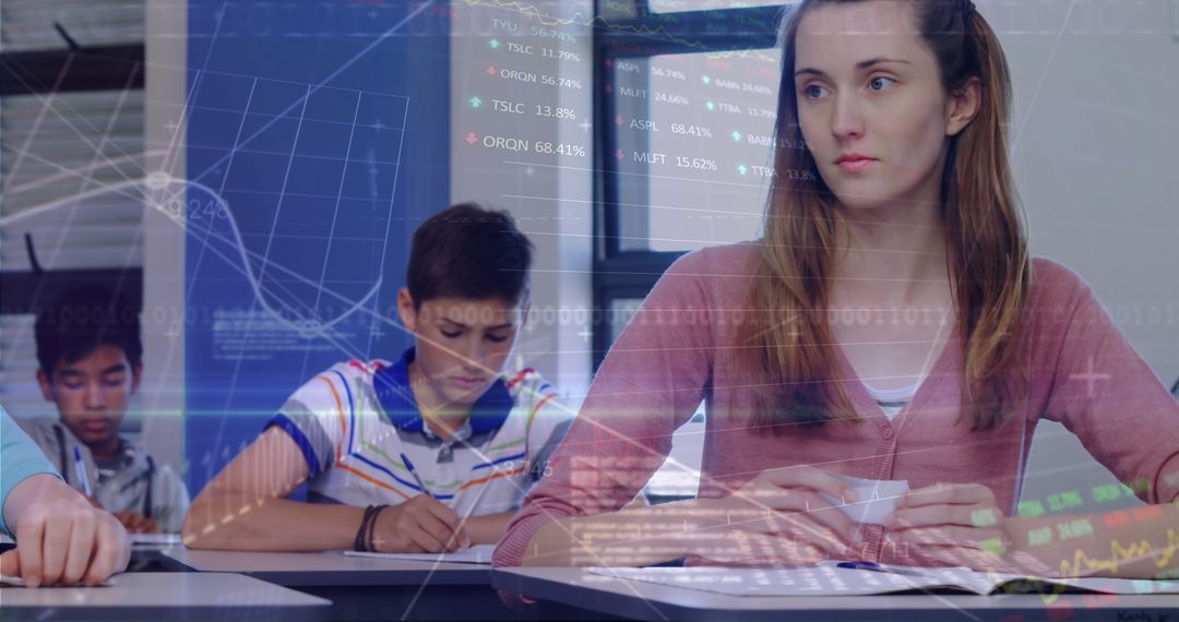 Schoolgirl Passing Note with Data Overlay in Classroom