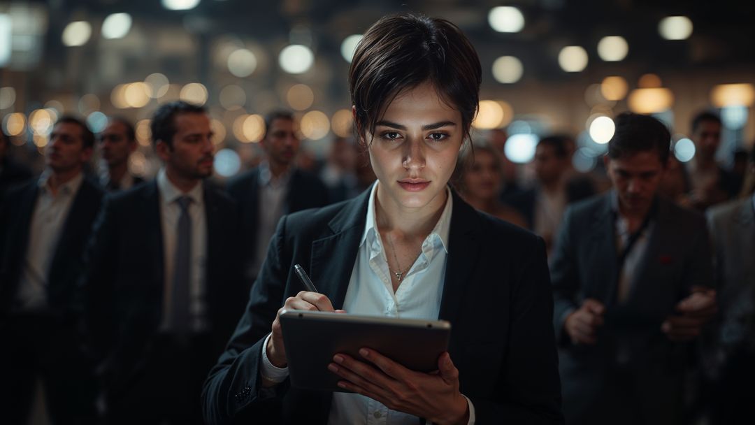 Businesswoman analyzing data on tablet at press release convention
