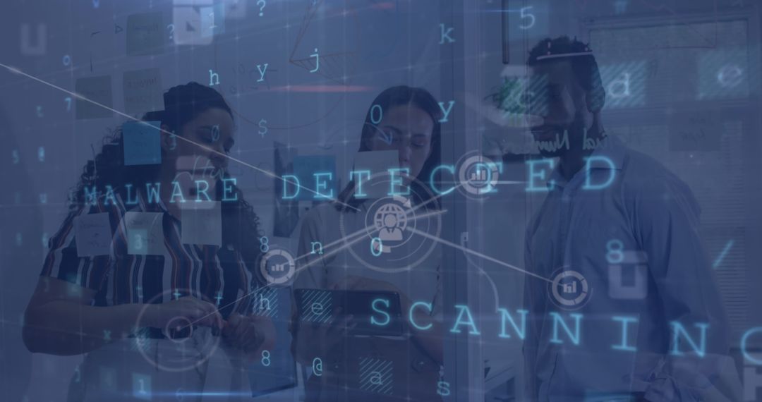 Diverse Team Analyzing Cyber Security Alerts with Digital Interface