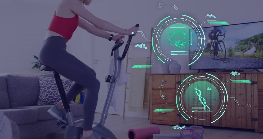 Digital Fitness Interface Overlay on Home Exercise Biker