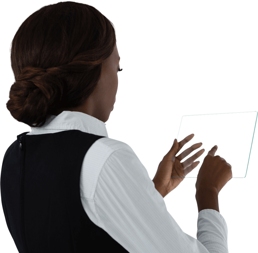 Businesswoman with Transparent Tech in Modern Workspace