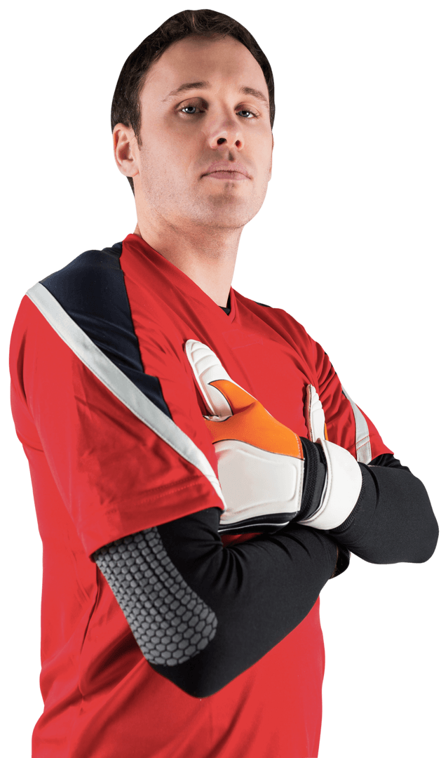 Confident Goalkeeper in Red Shirt on Transparent Background