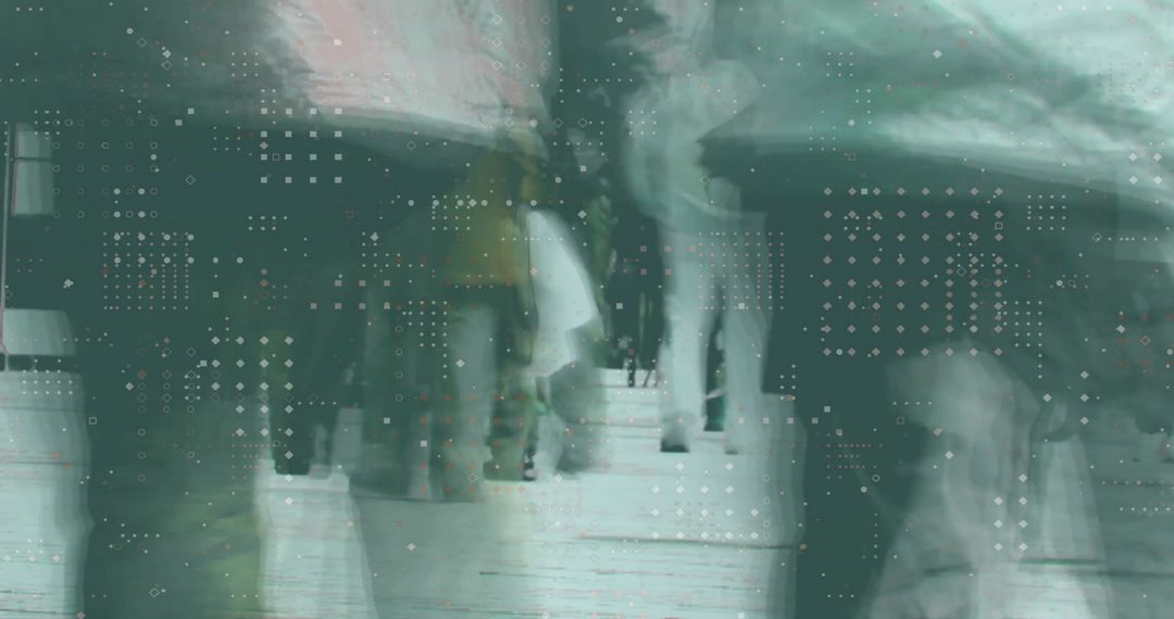 Blurred City Pedestrians with Digital Glitch Overlay
