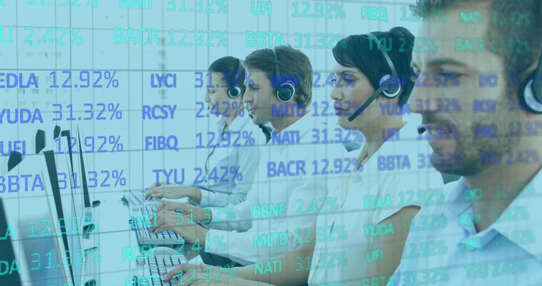 Customer Support Team with Data Overlay Headsets Smiling