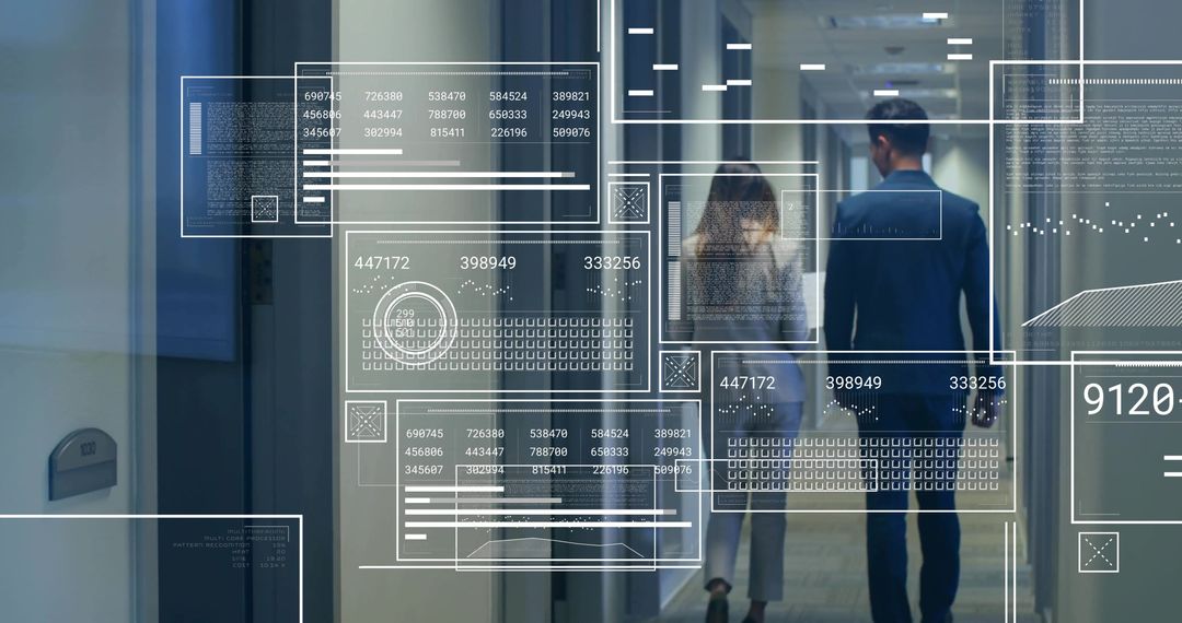 Executives walking modern office corridor with futuristic holographic interface overlays