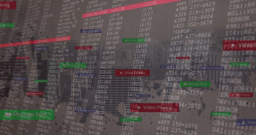 Digital Codes Overlaying Blurred Cityscape Indicating Cybersecurity