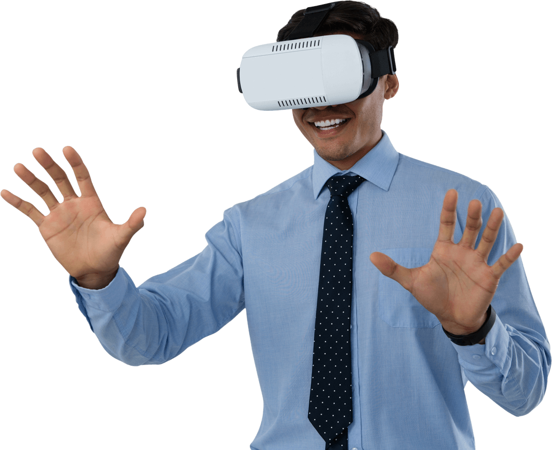 Happy Business Professional Using Virtual Reality Headset, Transparent Background