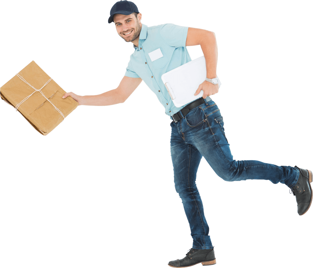 Transparent Delivery Man Running with Package and Clipboard