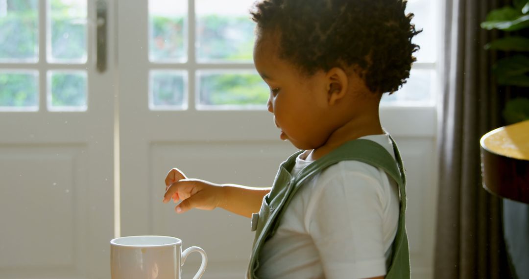 Curious Toddler Exploring with a Cup in Sunlit Room - Free Images, Stock Photos and Pictures on Pikwizard.com