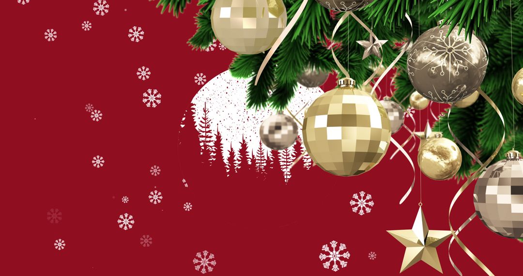 Festive Christmas Tree with Baubles on Red Snowy Background