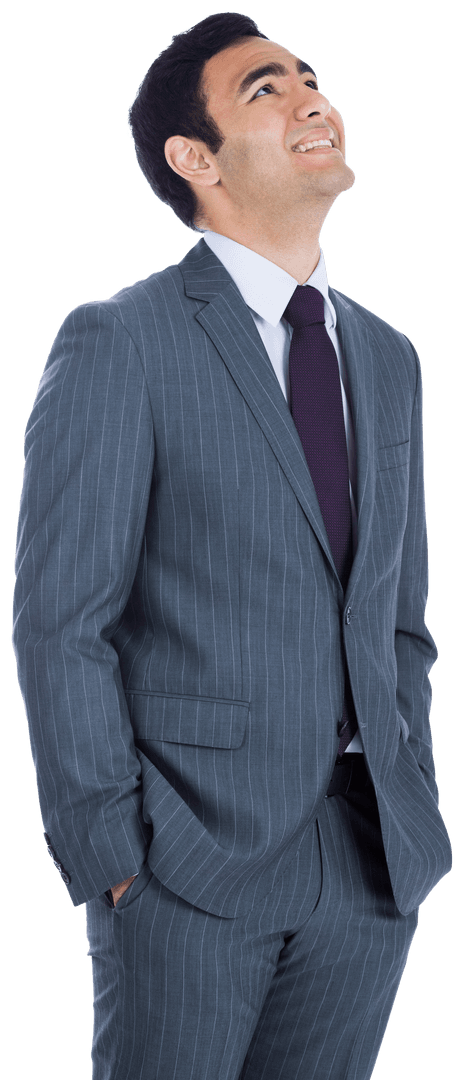 Happy Asian Businessman Looking Up on Transparent Background with Suit