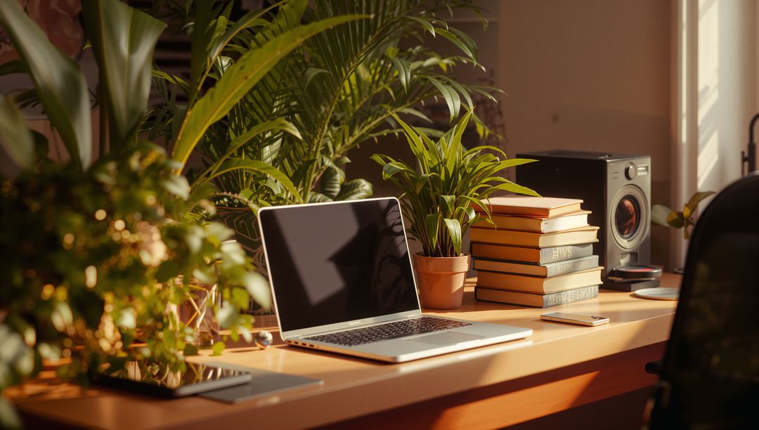 Home Office Desk in Warm Sunlight with Greenery and Technology