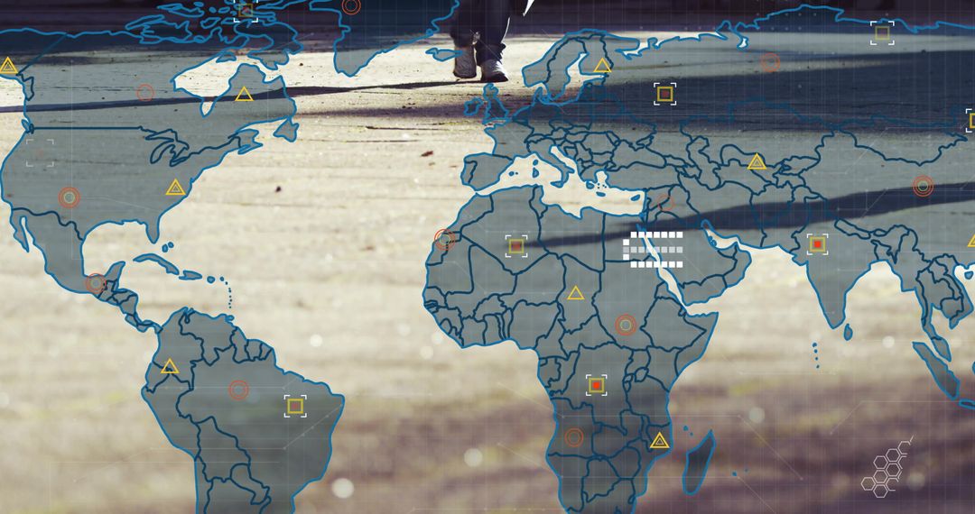 Hiker Journeying through Nature with Digital World Map Overlay