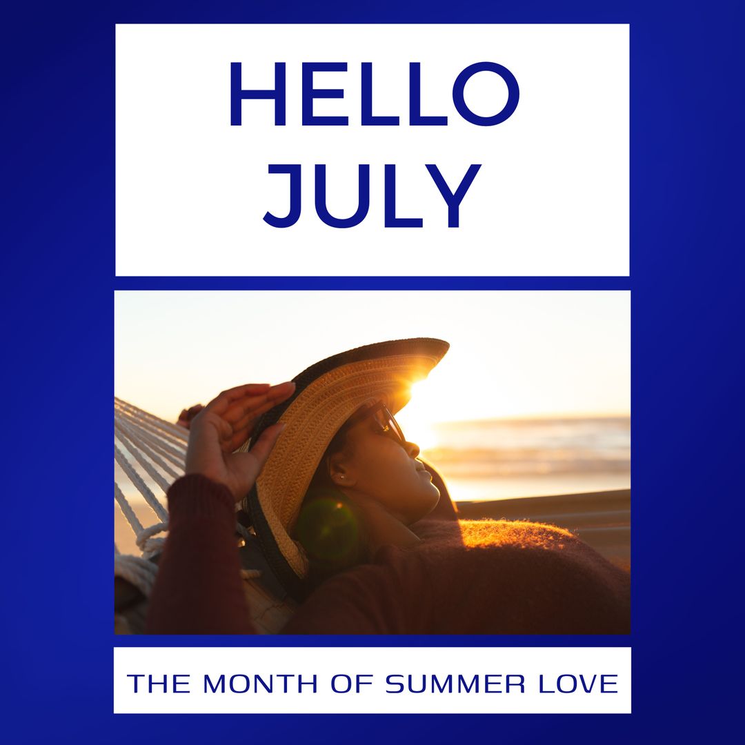 Hello July Summer Beach Relaxation Concept with Woman in Hammock