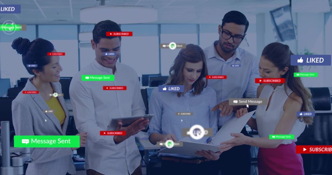 Innovative Team Collaboration in Modern Office with Holographic Interfaces