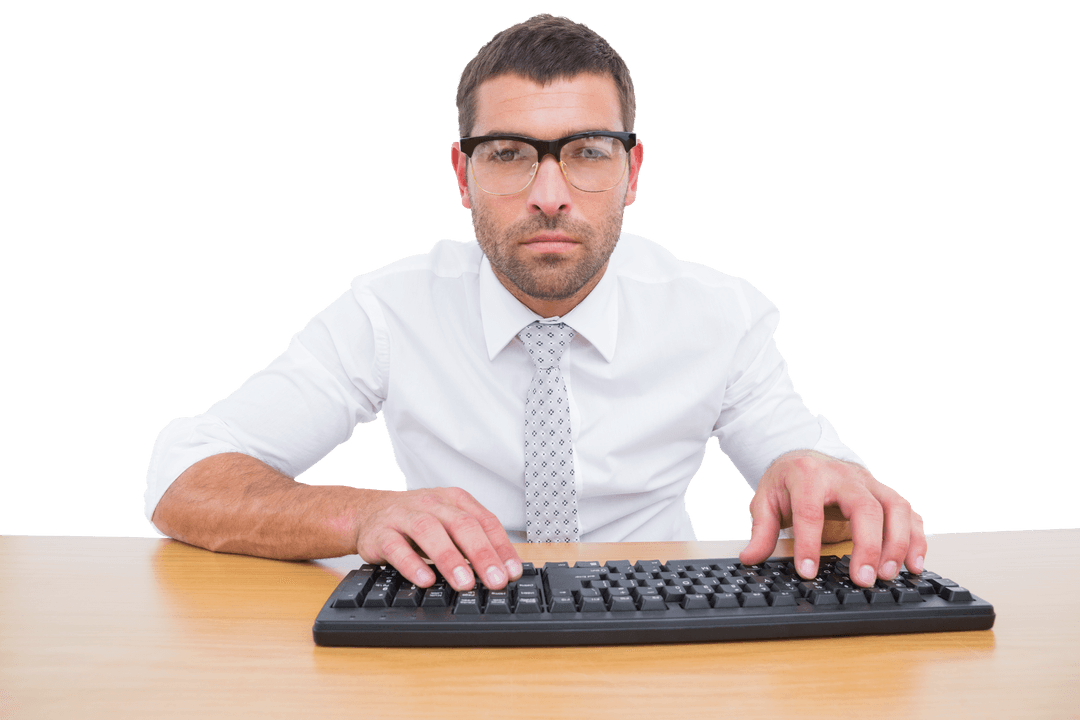 Transparent Businessman Typing at Wooden Desk with Concentration