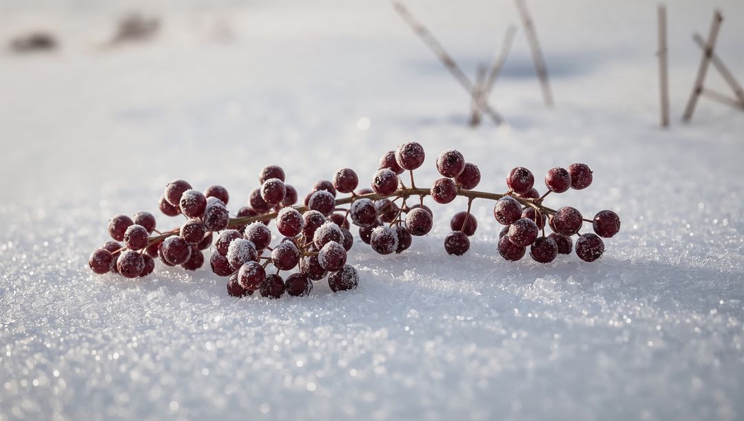Glistening Frosted Red Berry Cluster Resting on Sparkling Snow, Winter Macro Texture