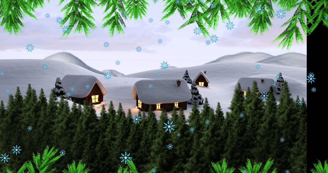 Cozy Winter Cottage Scene with Snowy Pines and Falling Snowflakes