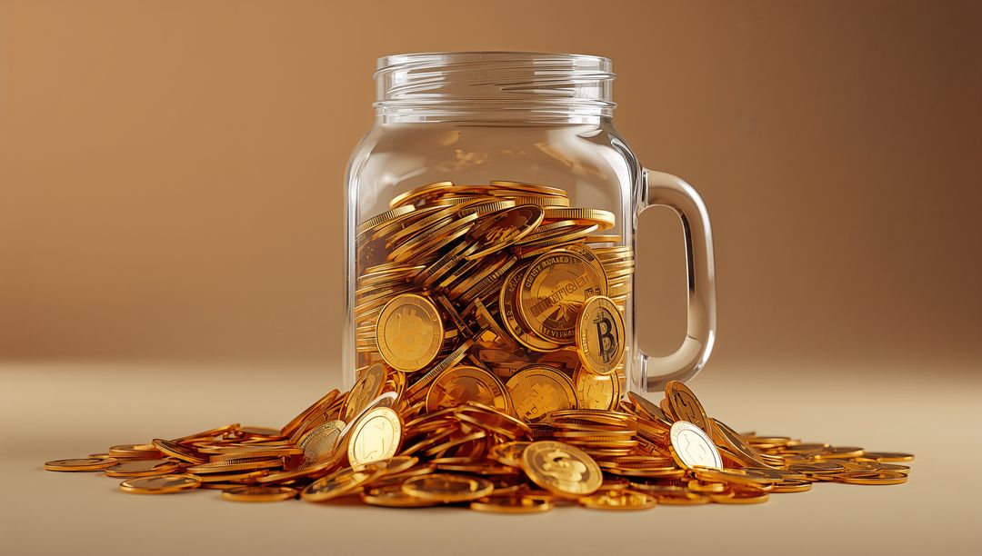 Glass mason jar overflowing with Bitcoin coins on neutral beige background