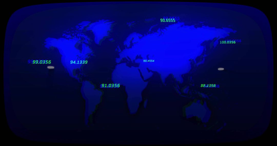 Futuristic Neon World Map Dashboard Showing Geospatial Numeric Readouts on Rounded Screen