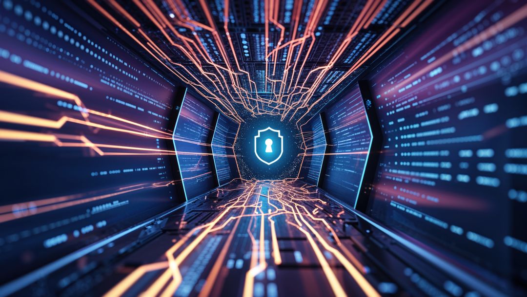 Sci-Fi Tunnel with Glowing Shield and Digital Data Streams