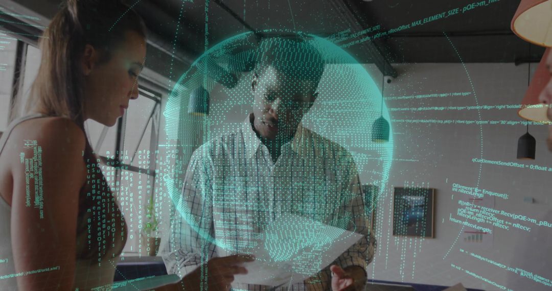 Data Analyst Reviewing Documents with Holographic Interface