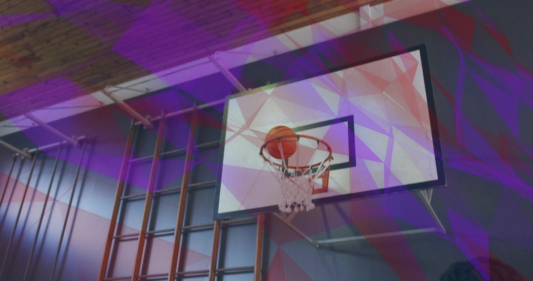 Basketball Scoring Shot with Colorful Abstract Overlay in Gym