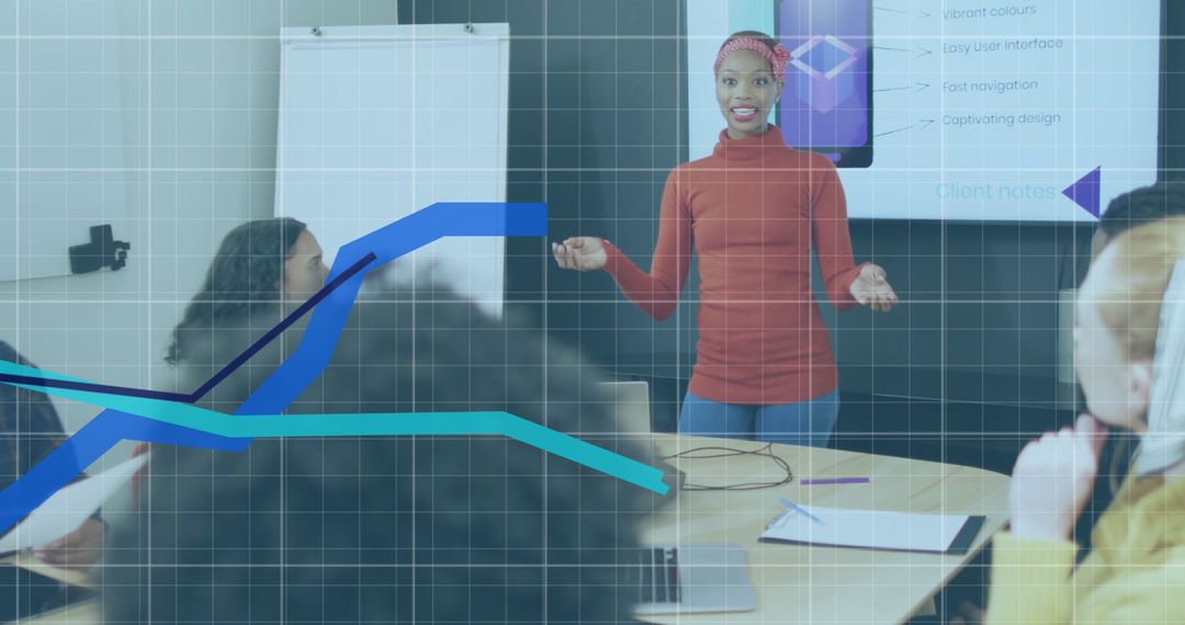 Diverse Business Meeting with Financial Data Overlaid