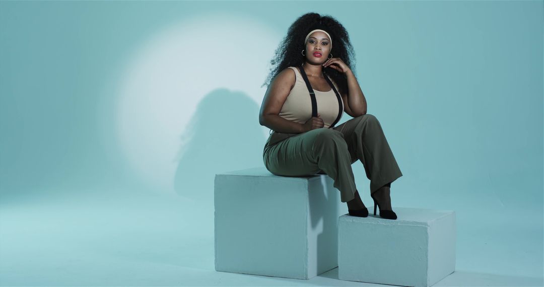 Stylish Woman Sitting with Elegance in Minimal Studio