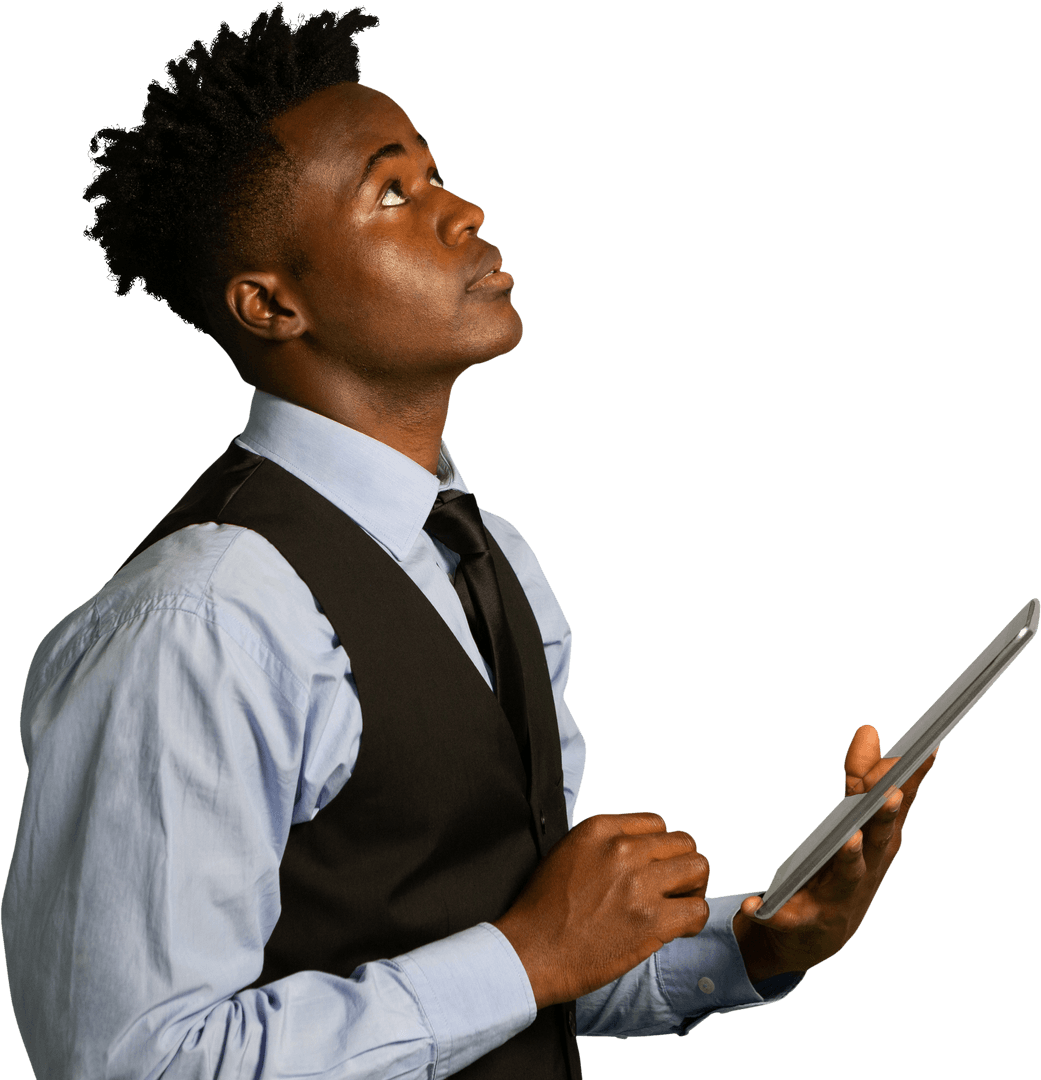 Businessman Analyzing Data on Transparent Digital Tablet