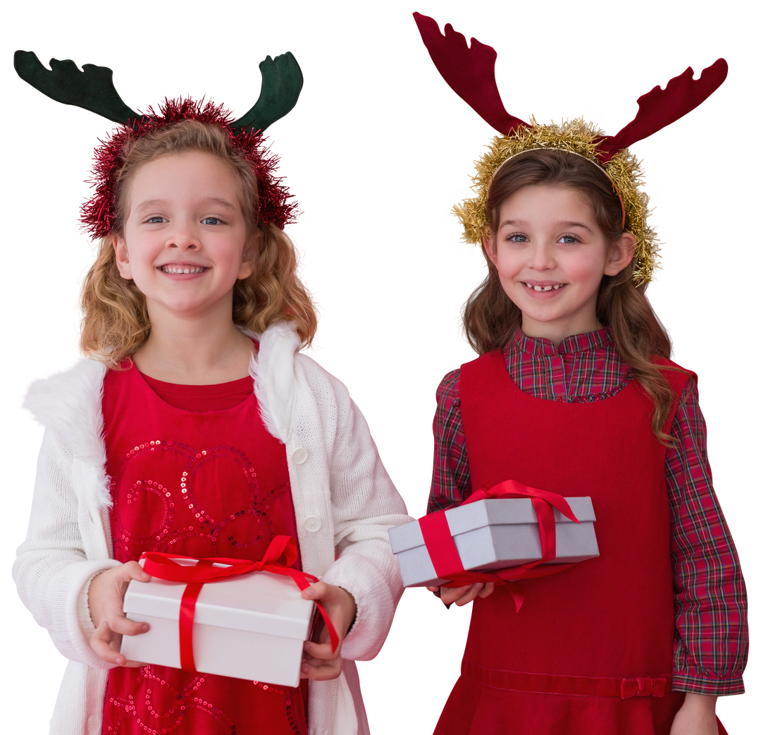 Joyful Caucasian Girls Holding Gifts, Reindeer Antlers - Transparent Background - Download Free Stock Images Pikwizard.com