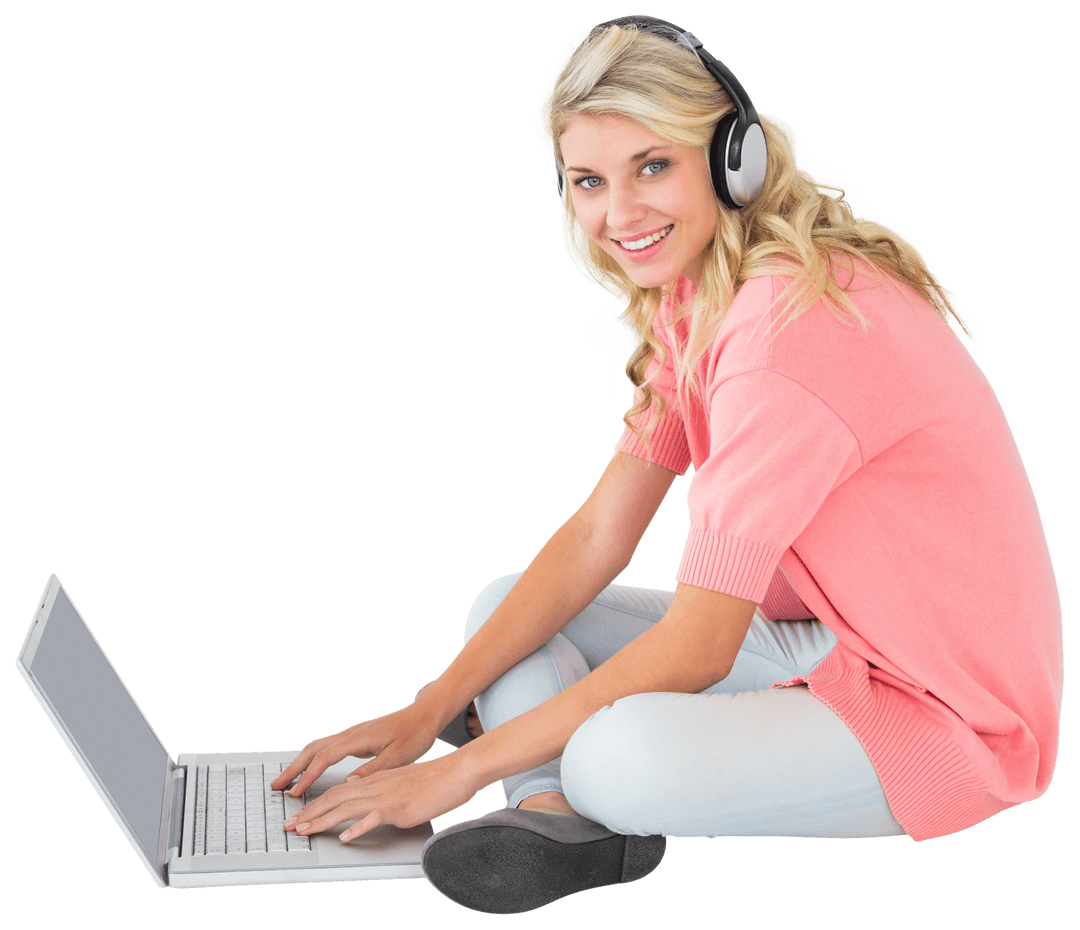 Smiling Woman Using Laptop and Headphones on Transparent Background
