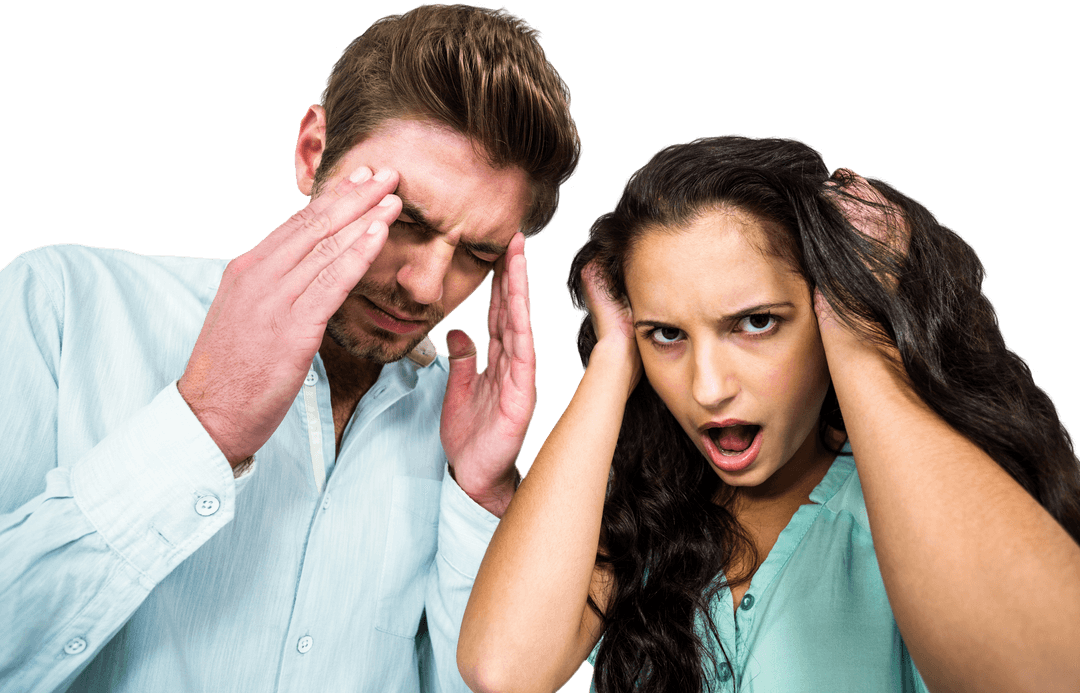 Transparent Caucasian Couple Expressing Stress Pose on Isolated Background