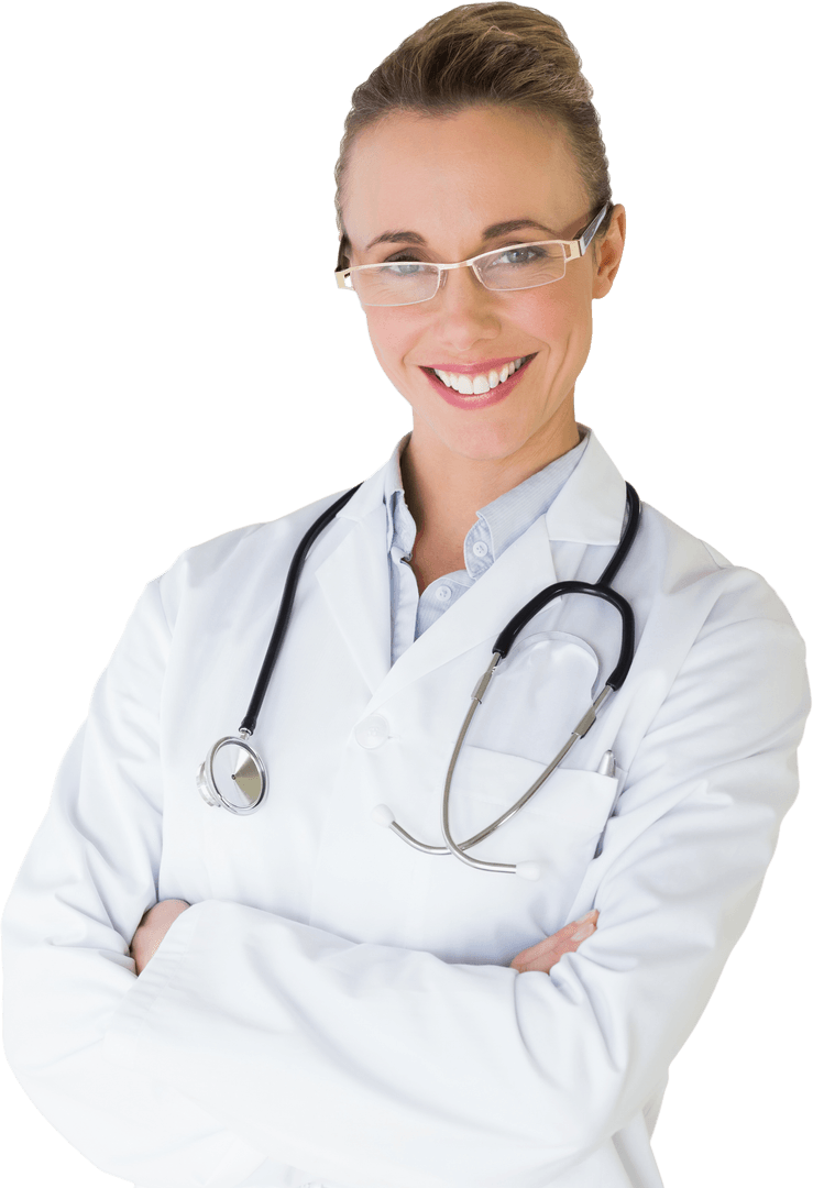 Transparent Background of Cheerful Female Doctor Crossing Arms