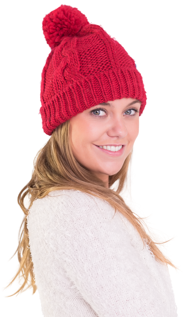 Happy Blonde Woman Smiling in Transparent Red Winter Hat - Download Free Stock Images Pikwizard.com