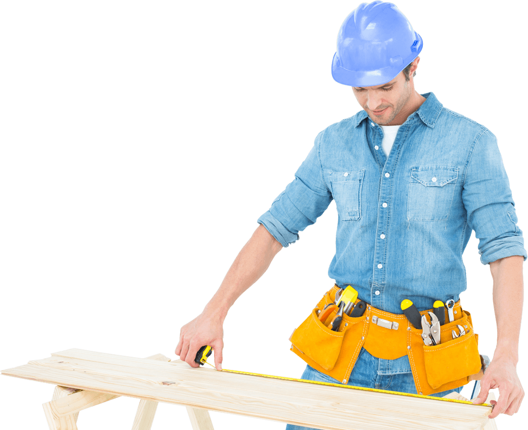 Transparent Male Carpenter Measuring Wooden Plank with Precision