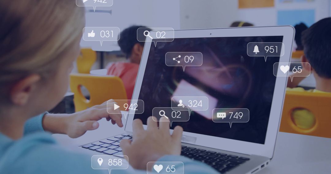 Female Student Using Laptop in Classroom with Social Media Notifications and Digital Icons