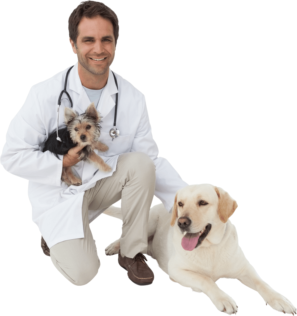 Smiling Vet with Dog and Puppy on Transparent Background