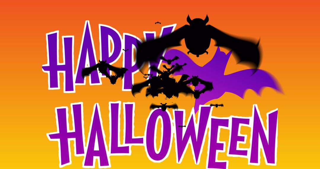Halloween Greetings with Flying Bats on Orange Background