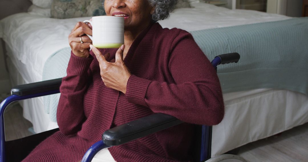 Senior Woman Enjoying Morning Coffee in Wheelchair - Free Images, Stock Photos and Pictures on Pikwizard.com