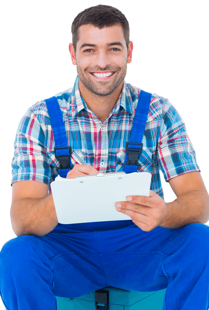 Smiling Plumber Sitting with Clipboard in Transparent Setting
