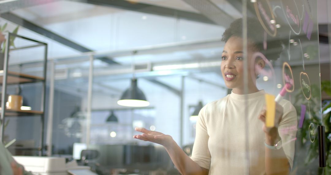 Confident Businesswoman Presenting at Modern Workspace