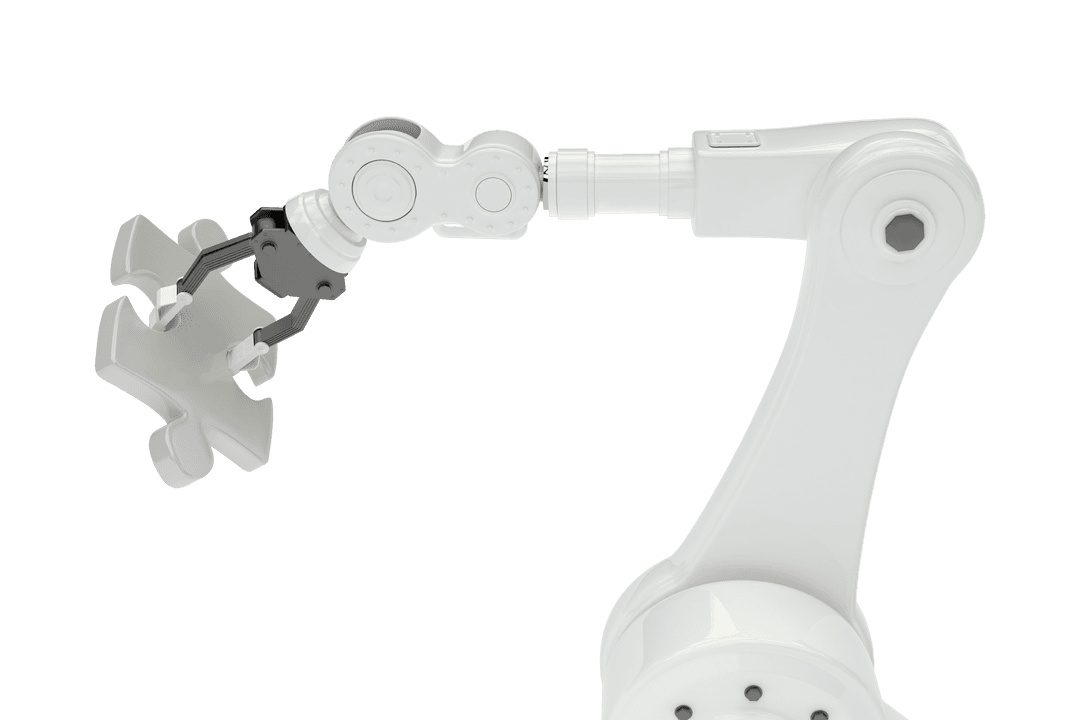 Transparent Futuristic Robotic Arm Holding Puzzle Piece